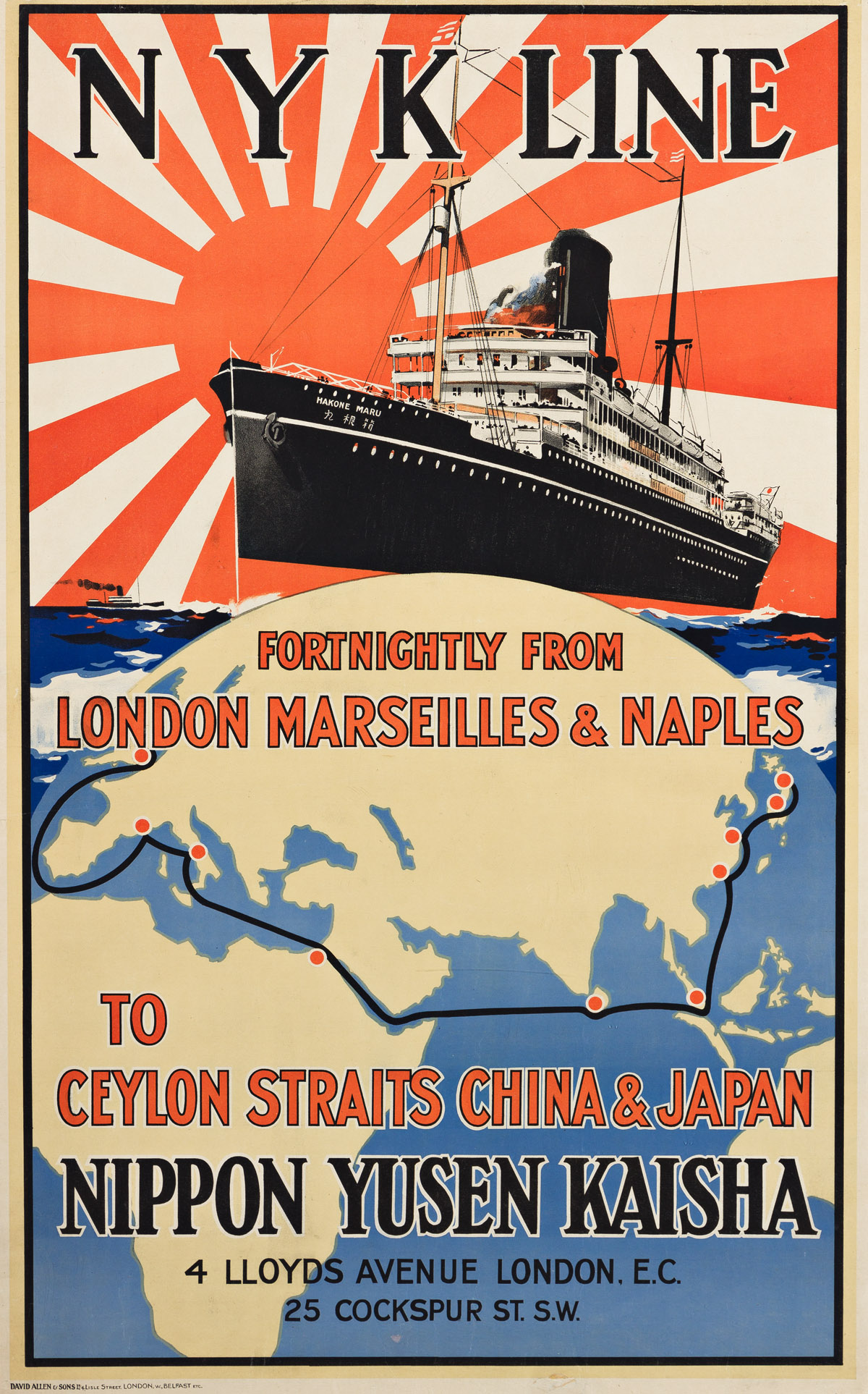 DESIGNER UNKNOWN.  NYK LINE / TO CEYLON STRAITS CHINA & JAPAN. Circa 1925. 38½x24¼ inches, 97¾x61½ cm. David Allen & Sons Ltd, London.